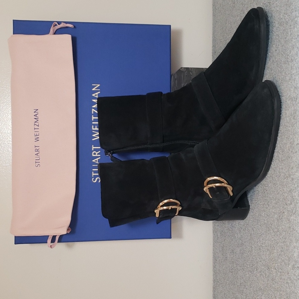 Stuart Weitzman Britain Buckle Black Ankle Boots with Gold Buckles